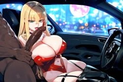 ai_generated bimbo blonde_hair car dark-skinned_male green_eyes halloween huge_breasts interracial large_penis noirprincess princess_anastasia vampire