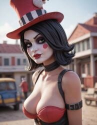 ai_generated big_breasts black_hair borderlands_2 borderlands_3 borderlands_the_presequel breasts city_background cleavage hat looking_at_viewer mad_moxxi makeup outside shoulder_strap standing tophat