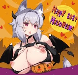 alternate_costume animal_ear_fluff animal_ears betei black_wings breasts demon_costume demon_tail demon_wings female grey_hair halloween happy_halloween heart inubashiri_momiji large_breasts momiji_inubashiri nipples no_headwear red_eyes short_hair solo tail touhou wings wolf_ears wolf_girl wolf_tail