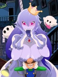 1boy 1girls big_breasts boo_(mario) boosette breasts breasts_on_head clothing crown duo facial_hair female ghost ghost_girl gloves halloween hands_on_face huge_breasts long_hair long_tongue luigi luigi's_mansion male mario_(series) moustache nintendo open_mouth purple_hair purple_tongue ricozappa sharp_teeth smile tongue tongue_out voluptuous voluptuous_female