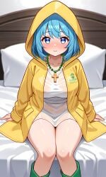 ai_generated atuqai bead_necklace big_breasts blue_hair full-face_blush green_footwear looking_at_viewer luce_(vatican) rosary yellow_outfit