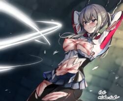 absurdres arms_behind_back arms_up black_pantyhose blonde_hair blush bound bound_wrists breasts brick_wall chains cuts cutting eckert&eich female graf_zeppelin_(kancolle) hair_between_eyes highres injury jacket kantai_collection large_breasts miniskirt nipples pantyhose pleated_skirt purple_eyes ryona sidelocks skirt slashing solo sweat tears torn_clothes torn_pantyhose twintails