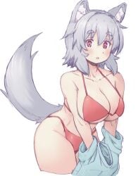 1girls :o animal_ear_fluff animal_ears betei bikini blush breasts cleavage cowboy_shot dot_nose inubashiri_momiji large_breasts momiji_inubashiri open_mouth red_bikini red_eyes short_hair simple_background solo string_bikini swimsuit tail thick_eyebrows touhou underboob unworn_shirt white_background white_hair wolf_ears wolf_girl wolf_tail