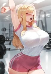 ai_generated bbc blonde_hair blush breasts dark-skinned_male feet female gym huge_breasts juuicyai kitagawa_marin massive_ass massive_breasts pink_eyes sex sono_bisque_doll_wa_koi_wo_suru sweat