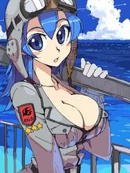 blue_eyes blue_hair blush breasts clothed color kusanagi_tonbo pilot_suit tagme