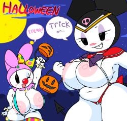 2girls anthro areolae big_breasts breasts busty cassettedream cosplay costume dialogue dream-cassette female female_only halloween hoshime huge_breasts kuromi large_breasts looking_at_viewer my_melody nipples onegai_my_melody sanrio talking_to_viewer text thick_thighs wide_hips