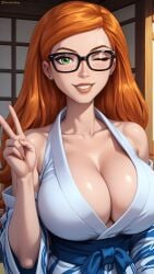 ai_generated ben_10 ben_10_alien_force big_breasts black_glasses breasts cleavage close-up collarbone female female_focus female_only firm_breasts focus glasses gwen_tennyson gwen_tennyson_(alien_force) happy happy_female huge_breasts kimono large_breasts nsfw one_eye_closed peace_sign portrait round_breasts seducing seductive seductive_body seductive_gaze seductive_look seductive_smile shiny shiny_breasts shiny_hair shiny_skin sky4maleja smile upper_body yukata