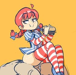 1boy 2017 blue_bow braid burger clothed_sex cum cum_in_pussy dress eating female food freckles hairbow half-closed_eyes hamburger holding holding_food holding_object no_panties notepaddy penis pinstripe_pattern puffy_short_sleeves red_hair reverse_cowgirl_position sex sitting smile smug striped striped_dress striped_legwear thighhighs tied_hair twin_braids twintails vaginal_penetration wendy's wendy_thomas