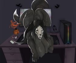 anthro ass bats_in_background big_breasts big_butt black_body black_fur bone breasts candy computer computer_mouse dark_room desk desktop dessert electronics female food fruit fur furniture giovannilol19 glowing glowing_eyes headgear headphones headset holidays mal0 mousepad phone plant pumpkin scp-1471-a scp_foundation skull skull_head solo table tail thick_tail thick_thighs