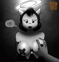 2024 2d 2d_(artwork) 2d_artwork alice_angel artist_logo artist_name beanontoast bendy_and_the_ink_machine big_breasts black_hair breast_grab dialogue faceless_male female groping groping_breasts monochrome nipple_covers