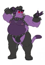 2017 anthro belly biceps big_belly bulge cigar claws ear_piercing eroborus feline glowing glowing_eyes hair harness hi_res leather leliel male male_only mammal moobs muscular muscular_male nipple_piercing nipples piercing purple_hair red_eyes simple_background solo white_background zipper