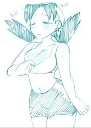 artist_request bike_shorts crystal_(pokemon) earrings medium_breasts navel pokemon pokemon_adventures sketch source_request sports_bra sweat text