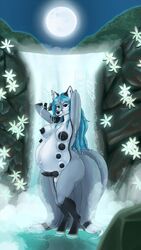 1futa aleu_moonshadow anthro ass balls blue_hair breasts canine fox fur furry futanari grey_fur hair herm intersex knot long_hair mammal moonlight multi_breast multi_tail penis pregnant pregoo showering solo_futa waterfall