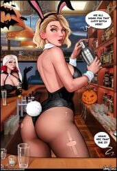 2girls alcoholic_drink aroma_sensei ass bartender blonde_hair breasts bunny_ears bunny_girl bunnysuit dialogue drink english_text fishnets gwen_stacy halloween halloween_costume multiple_girls pantyhose text tight_clothing