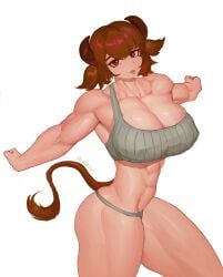 1girls :p abs artist_name bare_shoulders biceps breasts brown_hair cow_ears cow_horns cow_tail cowgirl huge_breasts looking_at_viewer monster_girl muscular muscular_female navel original powziy red_eyes short_hair simple_background solo tail tank_top thick_thighs thighs tongue tongue_out underwear white_background