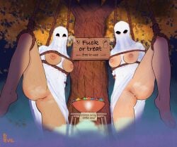 2girls blush boob_ghost bottomless breasts_out female_only free_use ghost_costume halloween looking_at_viewer midevil presenting_pussy restrained rope