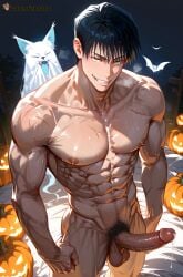 1boy abs ai_generated animal bangs bara bat_(animal) black_hair bush bushy_pubes completely_nude erection gay genital_fluids genitals goldenfieldszho green_eyes hair halloween jack-o'-lantern jujutsu_kaisen large_pectorals large_penis looking_at_viewer male_focus male_pubic_hair muscular muscular_male naked naked_male navel night night_sky nipples nude outdoors pectorals penis precum precum_drip precum_on_penis precum_string pubic_hair pumpkin scar scar_on_chest scar_on_face short_hair smile solo sweat sweatdrop sweating sweaty sweaty_balls sweaty_body sweaty_genitalia sweaty_legs sweaty_thighs teeth testicles thighs toji_fushiguro uncensored vein veins veiny veiny_arms veiny_muscles veiny_penis yaoi