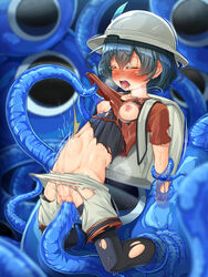 1girls blue_tentacles blush breasts cellien_(kemono_friends) censored closed_eyes clothed_sex clothing extreme_content female kaban_(kemono_friends) kemono_friends kitsunerider mosaic_censoring nipples open_mouth pantyhose penetration pussy restrained sex short_hair slime_monster small_breasts spread_legs stomach_bulge tears tentacle torn_clothes vaginal_penetration