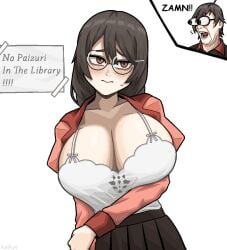 araragi_koyomi black_hair breasts bulging_eyes camisole cleavage collarbone embarrassed female glasses hair_ornament hanekawa_tsubasa huge_breasts kizumonogatari letter long_hair monogatari_(series) pale_skin school_uniform skirt surprised sweatdrop