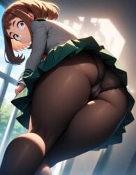 1girls ai_generated black_panties brown_eyes brown_hair looking_back looking_down my_hero_academia ochako_uraraka panties pantyhose school_uniform seductive_pose skirt smile solo stairs