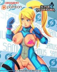 1girls abs adapted_costume areola areolae artist_name asymmetrical_clothes bare_shoulders beauty_mark blonde blonde_hair blue_eyes bodysuit breast_cutout breast_outside breastless_clothes breasts crisisbeat elbow_gloves energy erect_nipples female female_only fighting_pose functionally_nude gauntlets gloves glowing huge_areolae large_breasts large_nipples leotard long_hair metroid navel nintendo nipple nipples one_pasty pale_skin parted_lips pasties patreon perky_breasts ponytail pose pussy samus_aran see-through solo standing super_smash_bros. teeth thighhighs tied_hair toned uncensored vagina watermark zero_suit zero_suit_samus