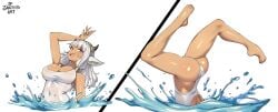 alternate_costume animal_ears arm_up ash_(fire_emblem) ass beautiful_legs bewitching_thighs big_ass big_breasts breasts cow_ears dark-skinned_female dark_skin feet feet_up female fire_emblem fire_emblem_heroes horns intelligent_systems jarckius large_breasts legs legs_up multiple_views nice_ass nintendo partially_submerged performance performing posing simple_background skindentation smile smiling smiling_at_viewer solo splashing synchronized_swimming thighs water watermark white_hair white_one-piece_swimsuit yellow_eyes