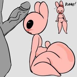 2024 anthro black_eyes blush bunny_maloney bunny_maloney_(character) candy_bunny duo female genitals grey_background grey_body hamish huamnenoughbb lagomorph leporid male mammal penis penis_on_face pink_body rabbit simple_background tagme thick_thighs