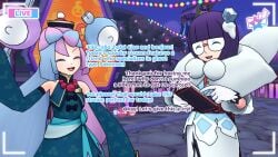 2girls closed_eyes clothed fully_clothed glasses halloween iono_(fall_2024)_(pokemon_masters) iono_(pokemon) light_blue_hair livestream pink_hair pokemon pokemon_bw pokemon_bw2 pokemon_masters pokemon_masters_ex pokemon_sv purple_hair saucemon7 self_upload shauntal_(pokemon) talking_to_another talking_to_viewer text