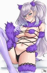 absurdres animal_ear_fluff animal_ears blue_eyes breasts cosplay dynorz fate/grand_order fate_(series) female fur_bikini grey_hair highres hololive hololive_indonesia large_breasts long_hair mash_kyrielight mash_kyrielight_(dangerous_beast) mash_kyrielight_(dangerous_beast)_(cosplay) navel pavolia_reine side_ponytail simple_background solo virtual_youtuber white_background