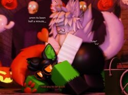 2boys 3d aphra_(mermio) artist_name dat_ass dialogue english_text femboy furry gay gay_sex halloween halloween_2024 halloween_costume huge_ass male/male mermio mermio_(oc) roblox robloxian sex tagme text