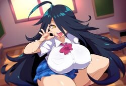 1girls ahoge ai_generated amber_eyes black_hair classroom fellatio_gesture female inviting_to_sex long_hair mullon novelai original original_character school_uniform schoolgirl sitting sorceress sorceress_sophia thick_thighs voluptuous voluptuous_female yellow_eyes