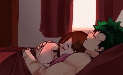 1boy 1boy1girl 1girls after_sex arm_around_partner bed bedroom blanket boku_no_hero_academia canon_couple closed_eyes couple cuddling curtains deku dokidokicat hugging izuku_midoriya male married_couple midoriya_izuku muscular_male my_hero_academia ochako_uraraka pillow romantic_ambiance romantic_couple sleeping sleeping_nude uravity wholesome