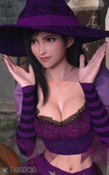 3d big_breasts brown_hair final_fantasy final_fantasy_vii final_fantasy_vii_remake halloween halloween_costume large_breasts large_tits red_eyes tifa_lockhart twiggy3d witch_hat