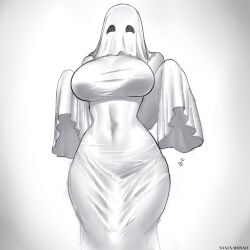 1futa bedsheet_ghost big_breasts big_penis breasts clothing costume erection_under_clothes futa_only futanari ghost ghost_costume ghost_futa ghost_pose halloween heavengutter_(artist) hidden_penis penis sheet_ghost solo solo_futa standing thick_thighs thighs