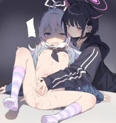 2girls absurdres ahoge anus black_choker black_hair black_jacket blue_archive blue_eyes blue_hair censored choker closed_mouth colored_inner_hair fingering flat_chest hair_ornament hairclip halo highres hood hood_down hooded_jacket jacket kazusa_(blue_archive) kneehighs long_hair long_sleeves mosaic_censoring multicolored_hair multicolored_socks multiple_girls navel nipples no_shoes open_mouth pink_eyes pink_hair pink_socks reisa_(blue_archive) shiratama_mochi short_hair smile socks spread_pussy star_halo striped_clothes striped_socks sweat white_socks yuri