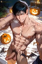 1boy abs ai_generated armpit_hair bangs bara bat_(animal) bed black_hair bush bushy_pubes completely_nude erection gay genital_fluids genitals goldenfieldszho green_eyes hair hairy hairy_armpits hairy_balls halloween jack-o'-lantern jujutsu_kaisen large_pectorals looking_at_viewer male_focus male_pubic_hair muscular muscular_male naked naked_male navel night nipples nude pectorals penis precum precum_drip precum_on_penis precum_string pubic_hair pumpkin scar scar_on_face short_hair smile solo sweat sweatdrop sweating sweaty sweaty_balls sweaty_body sweaty_genitalia sweaty_legs sweaty_thighs testicles thighs toji_fushiguro uncensored vein veins veiny veiny_arms veiny_muscles veiny_penis yaoi