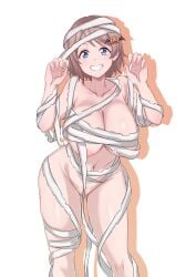 arms_up bandages blue_eyes blush breasts brown_hair cameltoe covered_erect_nipples female halloween highres kotokoto_(jumon) looking_at_viewer love_live! love_live!_sunshine!! navel nipples nude short_hair simple_background smile solo stomach watanabe_you wrapped_up