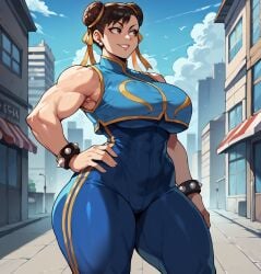 1girls abs ai_generated asian asian_female big_breasts bodysuit bracelets brown_hair capcom chun-li curvy_female earrings female female_only hand_on_hip happy large_breasts light-skinned_female light_skin makeup muscular_arms muscular_female outdoors smiling smogai standing street_fighter street_fighter_alpha thick thick_thighs voluptuous voluptuous_female wide_hips