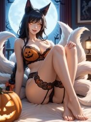 1girls ahri ai_generated animal_ears bedroom black_hair breasts cleavage facial_markings feet female female_only fox fox_girl halloween halloween_underwear league_of_legends lingerie long_hair looking_at_viewer pumpkin self_upload vastaya zat3rj3en