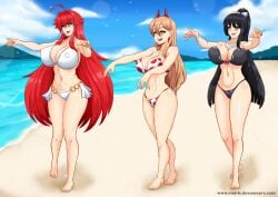 bikini black_hair brainwashed chainsaw_man high_school_dxd is_this_a_zombie? mind_control power_(chainsaw_man) red_hair rias_gremory rud-k seraphim_(kore_wa_zombie_desu_ka?) white_bikini zombie_walk