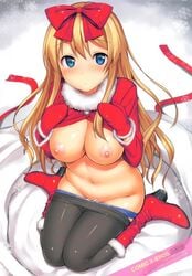 black_legwear blonde_hair blue_eyes blue_panties boots bow breasts female fur_trim hairbow highres long_hair medium_breasts mittens navel nipples open_clothes original panties panties_under_pantyhose panty_pull pantyhose pantyhose_pull red_boots sack scan sitting snowflakes solo takayaki underwear wariza