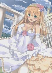 :d alternate_costume atago_(kantai_collection) blonde_hair blue_bow blue_eyes bow breasts collarbone dress elbow_gloves female flower gloves hair_flower hair_ornament hairbow kantai_collection large_breasts long_hair open_mouth pink_flower rong_yi_tan smile solo thighhighs wedding_dress white_dress white_gloves white_legwear yellow_flower