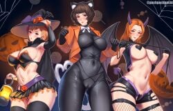 3girls alternate_version_available atlus big_breasts black_bodysuit black_eyes black_pasties black_skirt black_thighhighs black_thong blush bodysuit breasts brown_eyes brown_hair cameltoe cape cat_ears cat_tail cleavage costume ear_piercing earrings fake_animal_ears fake_tail female female_only fishnet_legwear fishnets halloween halloween_costume handwear hat headwear heart_pasties hips holding_weapon horns huge_breasts kashiwagi_noriko lantern legwear lips maebari mature mature_female mature_woman pachpachpachi pasties persona persona_3 persona_4 persona_5 ribbon sadayo_kawakami skimpy skimpy_clothes skirt succubus succubus_horns succubus_tail succubus_wings tail thick_thighs thigh_strap thighhighs thighs thong tight_clothing tongue tongue_out toriumi_isako weapon whip wide_hips wings witch witch_costume witch_hat