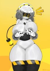 ass big_ass big_breasts big_thighs blush breasts cow_print drone epokguyz female female_only gigantic_ass gigantic_thighs glitch_productions huge_ass huge_thighs murder_drones panties robot robot_girl short_hair silver_hair solo sweater tagme thick_hips thick_thighs thighs v_(murder_drones) white_body yellow_eyes