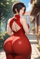 ada_wong ai_generated asian asian_female ass ass_focus big_ass big_butt clothed clothes clothing cute cute_face dat_ass dress female female female_focus female_only from_behind from_behind_position gloves hair hips lipstick looking_at_viewer looking_back outdoors outside pantylines red_dress resident_evil self_upload short_hair smile smiling solo solo_female solo_focus sunlight thighs video_games wide_hips