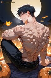 1boy ai_generated armpit_hair back back_focus bangs bara bat_(animal) belt black_hair black_pants from_behind full_moon gay goldenfieldszho green_eyes grin hair hairy hairy_armpits hairy_male halloween jack-o'-lantern jujutsu_kaisen looking_at_viewer looking_back male_focus moon muscular muscular_male night night_sky outdoors pants pumpkin scar scar_on_face short_hair sitting sky smile solo spiked_hair sweat sweatdrop sweating sweaty sweaty_body teeth toji_fushiguro topless_male vein veiny veiny_arms veiny_muscles yaoi