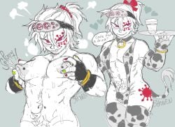 albino animal_print bodily_fluids bulge clothed clothing cow_print glass_of_milk hi_res humanoid lactating male male_lactation milk shonencore skimpy smile solo tail tail_tuft tailed_humanoid teeth tuft uzui_tengen