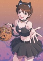 1girls :d absurd_res animal_ears animal_tail basket bell bell_collar belt breasts brown_eyes brown_hair candy capcom cat_ears cat_tail catgirl cleavage cleavage_cutout collar gradient_background halloween halloween_costume heart_cutout hi_res jack-o'-lantern matching_hair/eyes medium_breasts midriff navel open_mouth pumpkin_basket reaching_towards_viewer sakura_kasugano short_hair signature skirt smile solo standing street_fighter tank_top trick_or_treat tyanoki whisker_markings