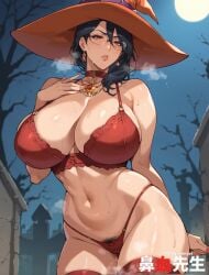 1girls ai_generated black_hair glasses halloween halloween_costume hanajisensei lingerie makai_kishi_ingrid mature_female mature_woman milf original_character pubic_hair red_eyes steam steaming_body sweat taimanin_(series) witch witch_hat 鼻血先生