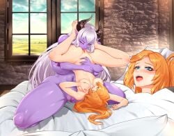 arms_around_waist background bedroom blonde_hair blue_eyes blush breasts_bigger_than_head cabin female_only femdom horns iron_curtainz long_ears long_hair open_mouth oral purple_skin yuri